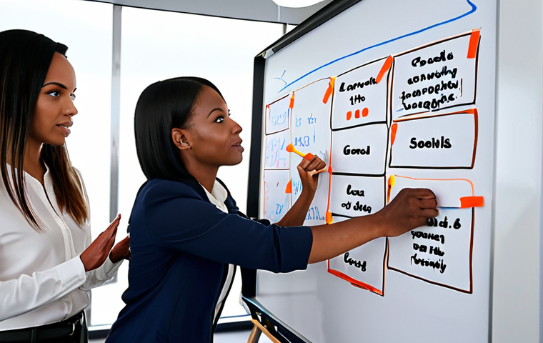 **
A diverse team collaboratively setting SMART goals on a whiteboard in a brightly lit, modern office space. Emphasis on teamwork, clarity, and forward-thinking.
**