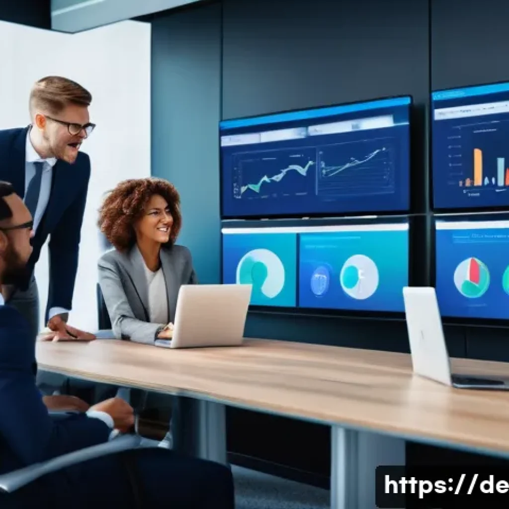 성과 관리의 글로벌 벤치마킹 사례 - A modern corporate office scene showing diverse professionals engaging in a dynamic performance mana...