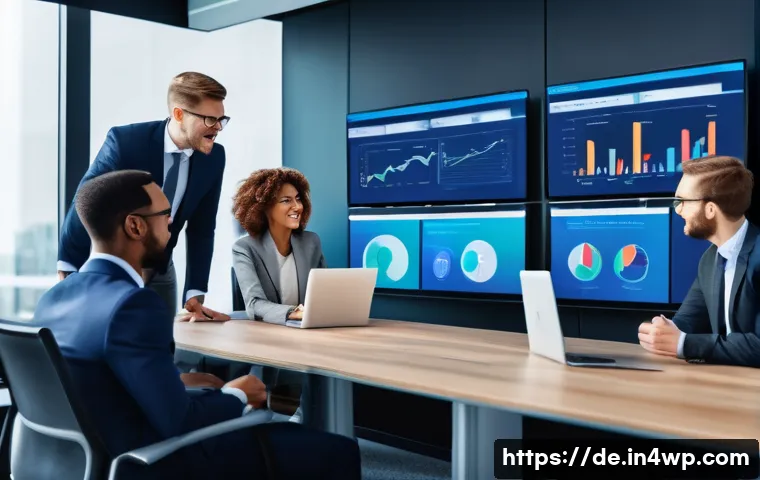 성과 관리의 글로벌 벤치마킹 사례 - A modern corporate office scene showing diverse professionals engaging in a dynamic performance mana...