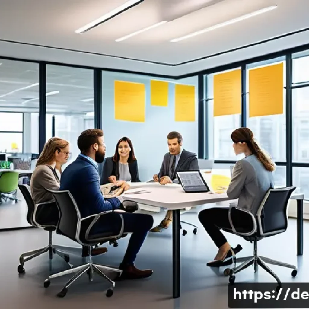 성과 관리와 혁신 사이의 관계 - A modern office scene illustrating a flexible performance management system fostering innovation: di...