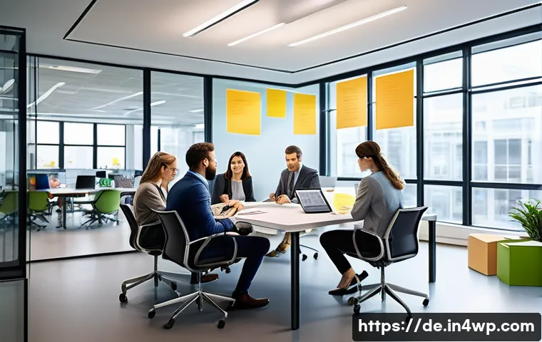 성과 관리와 혁신 사이의 관계 - A modern office scene illustrating a flexible performance management system fostering innovation: di...