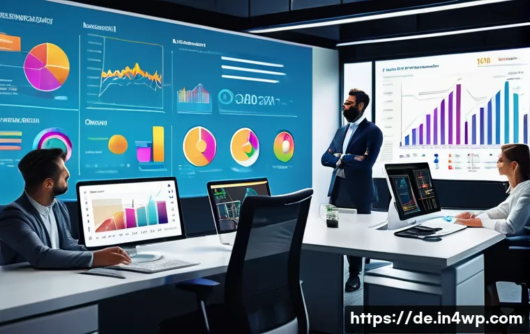 성과 관리의 ROI 투자수익률  평가 방법 - A modern corporate office environment showing a diverse team of professionals gathered around a larg...