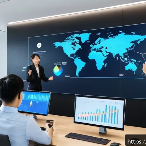 결과 중심 성과 관리의 도전 과제 - A modern office scene showing a diverse team of professionals collaborating around a large digital s...