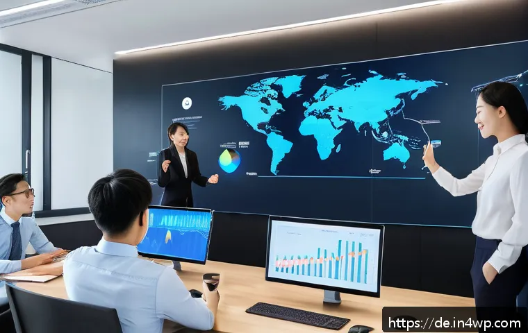 결과 중심 성과 관리의 도전 과제 - A modern office scene showing a diverse team of professionals collaborating around a large digital s...