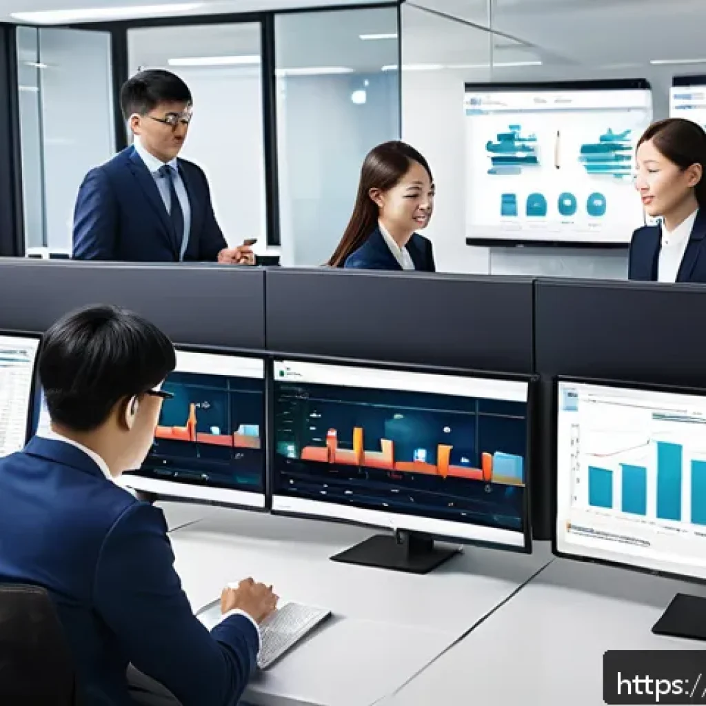 성과 관리의 적시성 및 정확성 확보 방법 - A modern office environment featuring a large, sleek central data management hub with multiple scree...