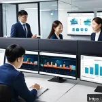 성과 관리의 적시성 및 정확성 확보 방법 - A modern office environment featuring a large, sleek central data management hub with multiple scree...