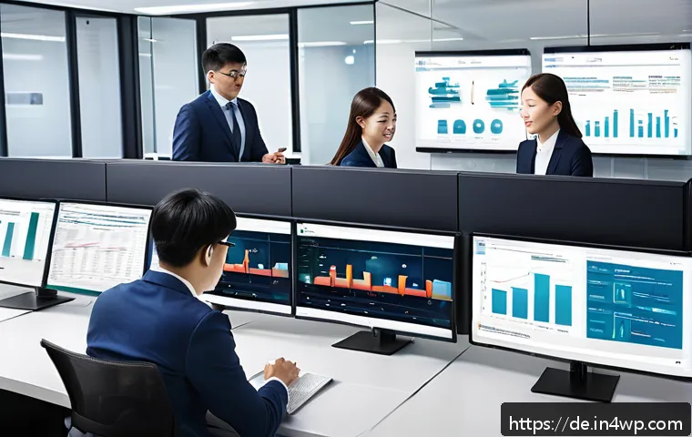 성과 관리의 적시성 및 정확성 확보 방법 - A modern office environment featuring a large, sleek central data management hub with multiple scree...