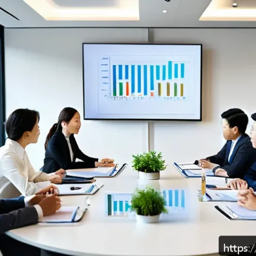 결과 중심 성과 관리의 변화 관리 접근법 - A modern corporate office scene showing a diverse team of professionals gathered around a conference...