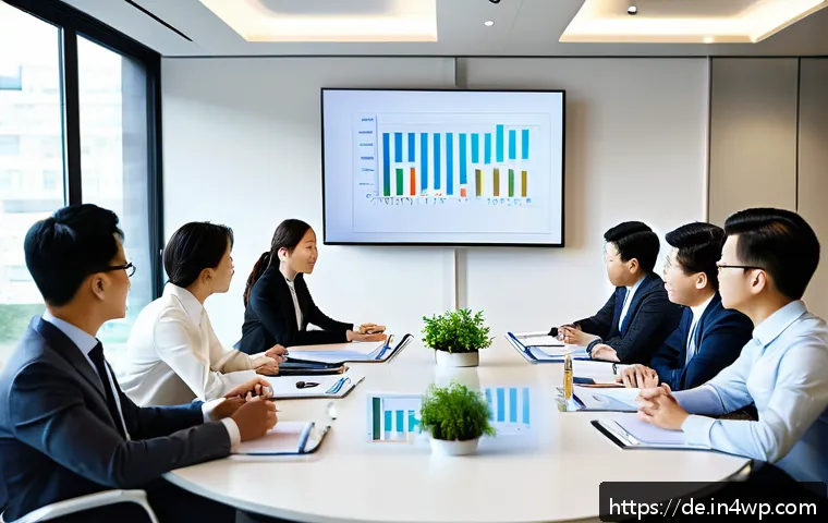 결과 중심 성과 관리의 변화 관리 접근법 - A modern corporate office scene showing a diverse team of professionals gathered around a conference...