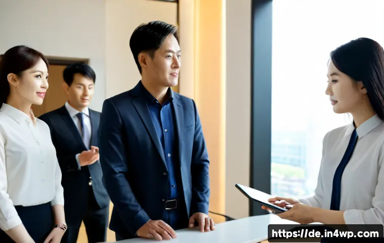 Home 17 성과 관리에서의 리더십 역할 - Photorealistic corporate leadership scene, an experienced team leader standing beside a clean confer...